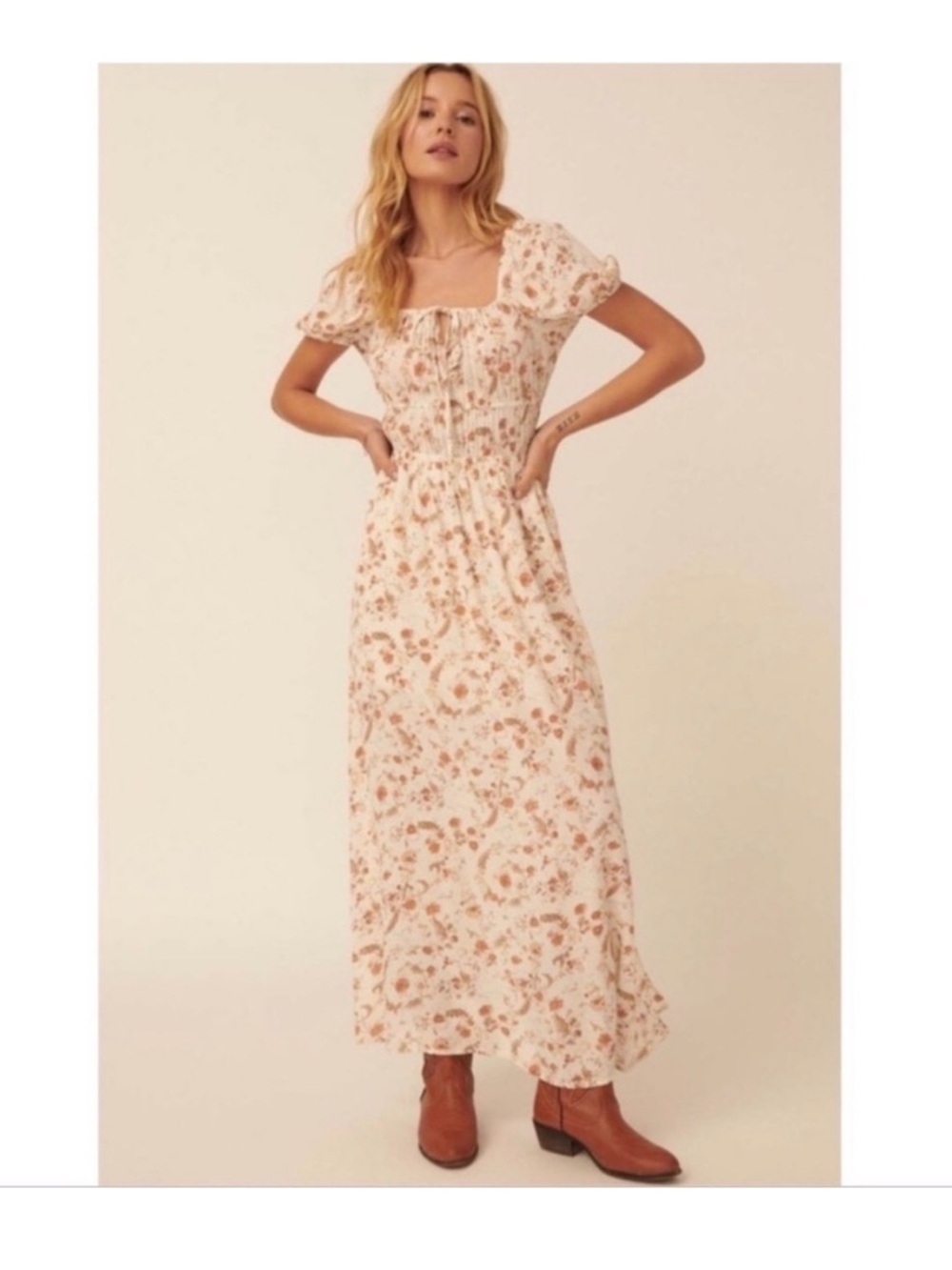 Promesa Cream Maxi Dress with Brown Floral Print